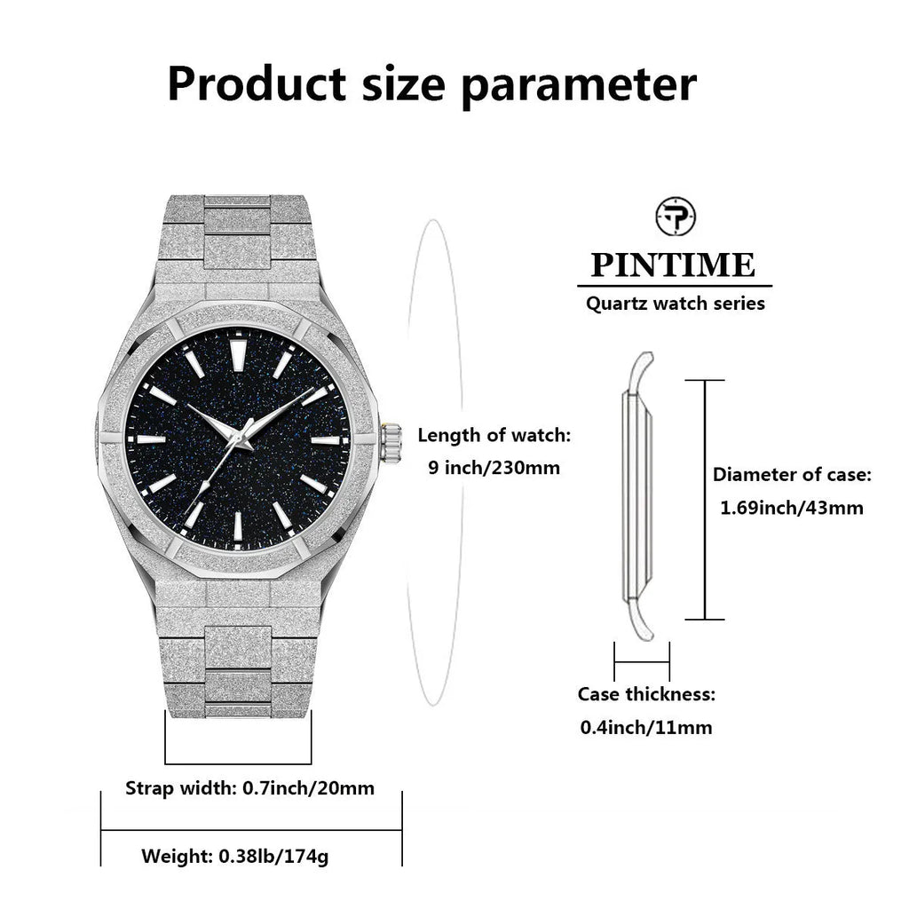 Men's stainless steel business watch with frosted case, luminous hands, on adjustable steel strap.