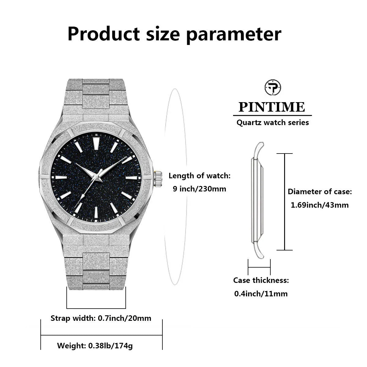Men's stainless steel business watch with frosted case, luminous hands, on adjustable steel strap.