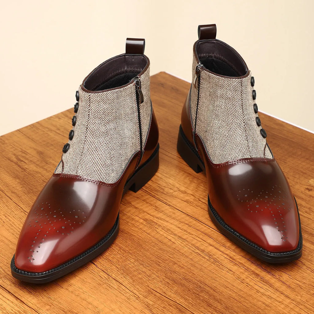 Men's brown retro formal business shoes with side zip and square toe.