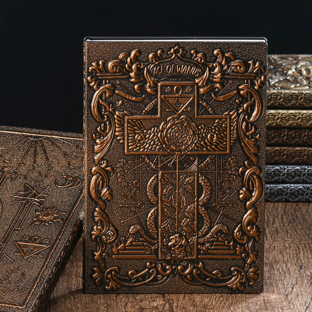 Tarot card retro embossed PU notebook in red bronze colour, A5 size with writing paper, closed view