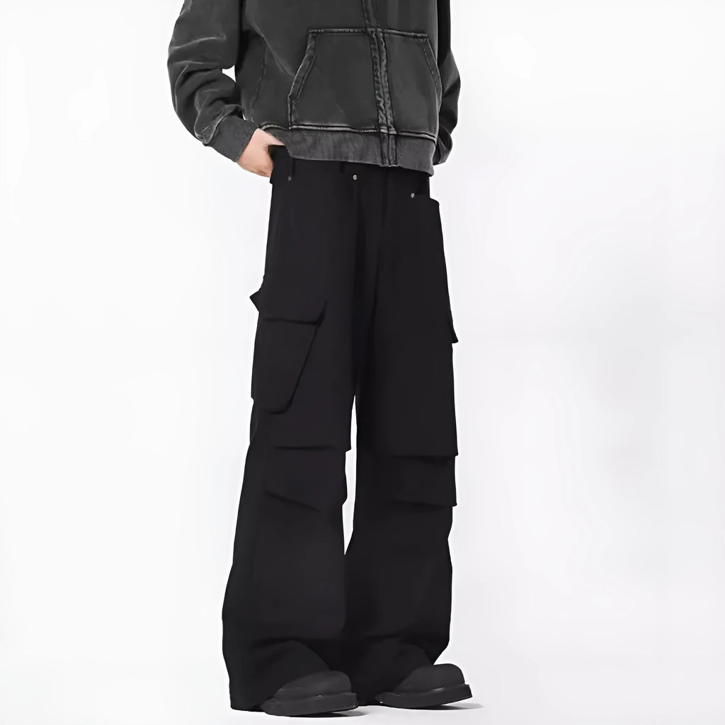 Men's black retro high-waist straight-leg casual trousers on a neutral background