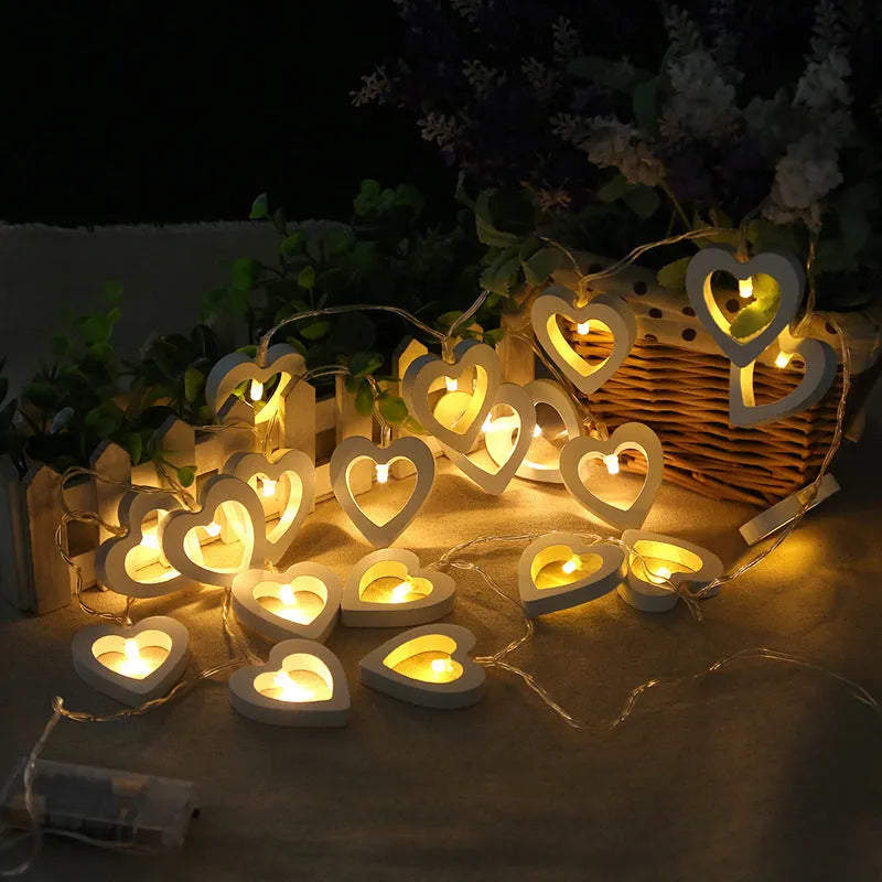 Wooden love lantern string with warm white LED lights hung on a fence, 1.5m length, battery box and USB control