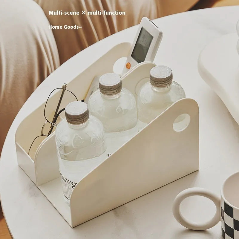Desktop storage box with two grid layers in milk coffee colour measuring 14.5x17x22cm