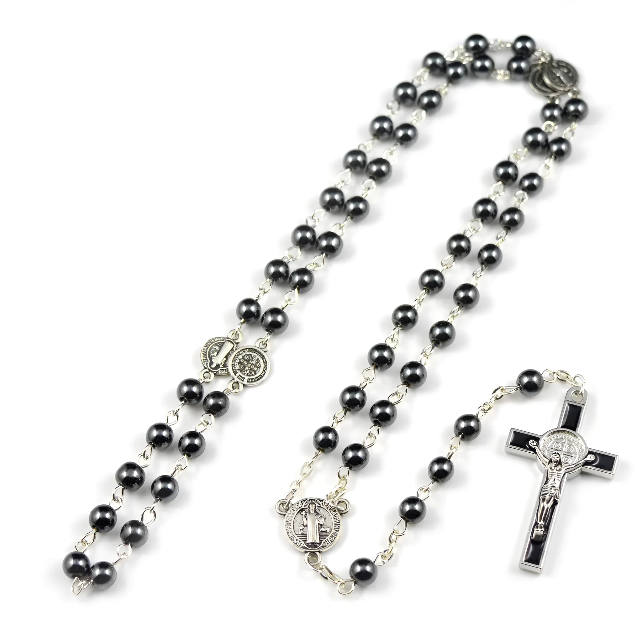 Black hematite rosary necklace with zinc alloy cross and triangle on dark background