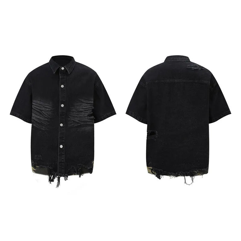 Black denim short sleeve suit with cut-edge stitching and leopard print, including top and shorts.