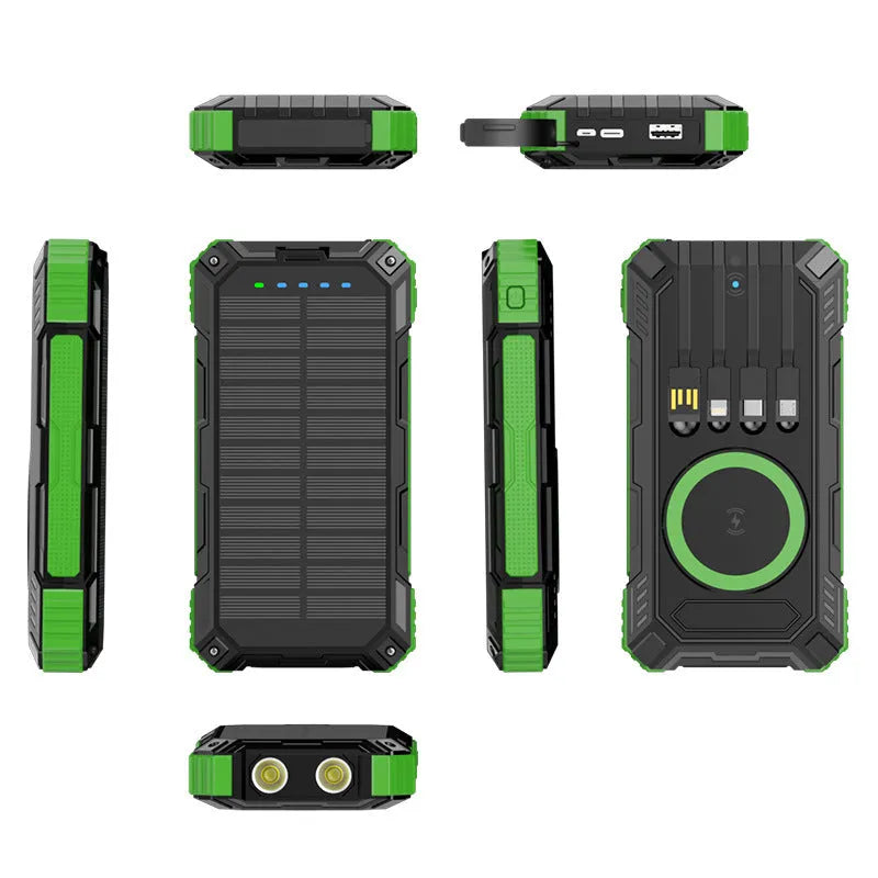 Industrial style 20000mAh power bank with solar charging unit and LED flashlight, black