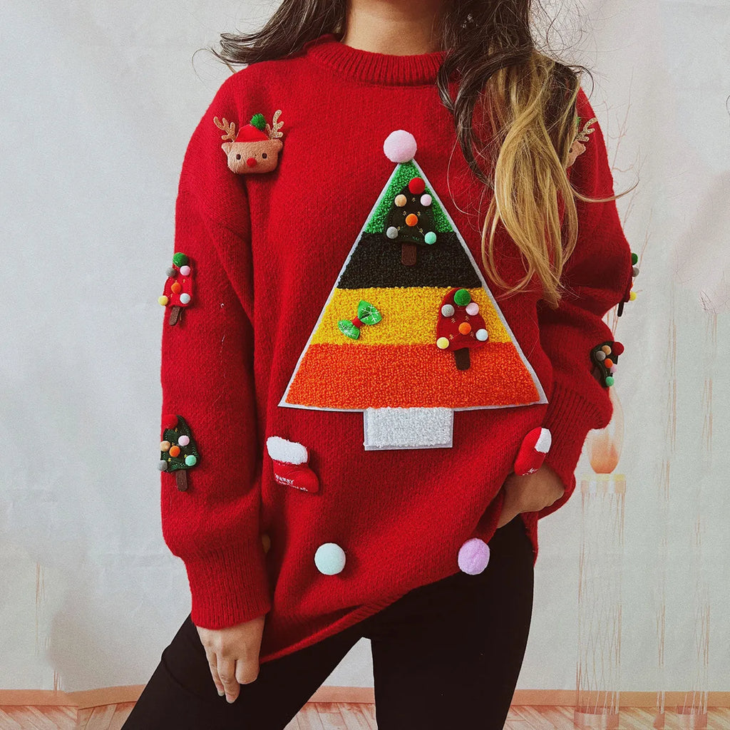 Christmas pattern loose fit round neck pullover sweater in red green black polyester knit