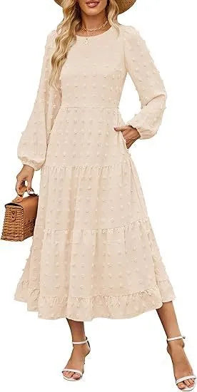Women's beige high waist long sleeve dress with ruffle sleeves, shown front view.