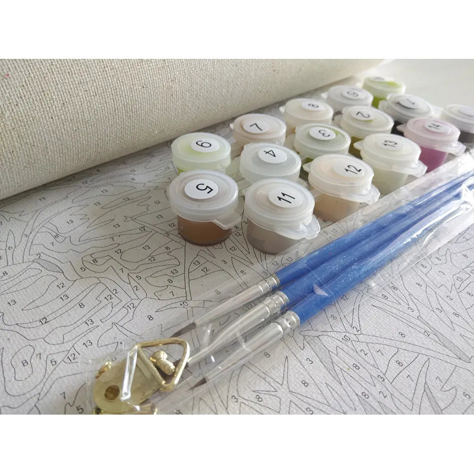 40x50cm landscape paint by numbers kit showing linen canvas, acrylic paints, and optional wooden frame