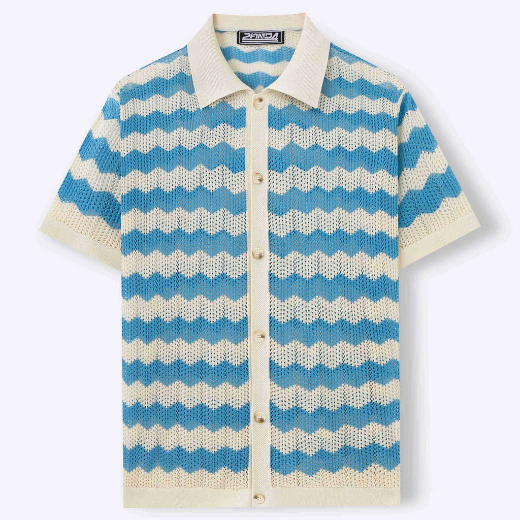 Short sleeve corrugated sweater in Tencel viscose with a textured hollow jacquard and flocked finish.