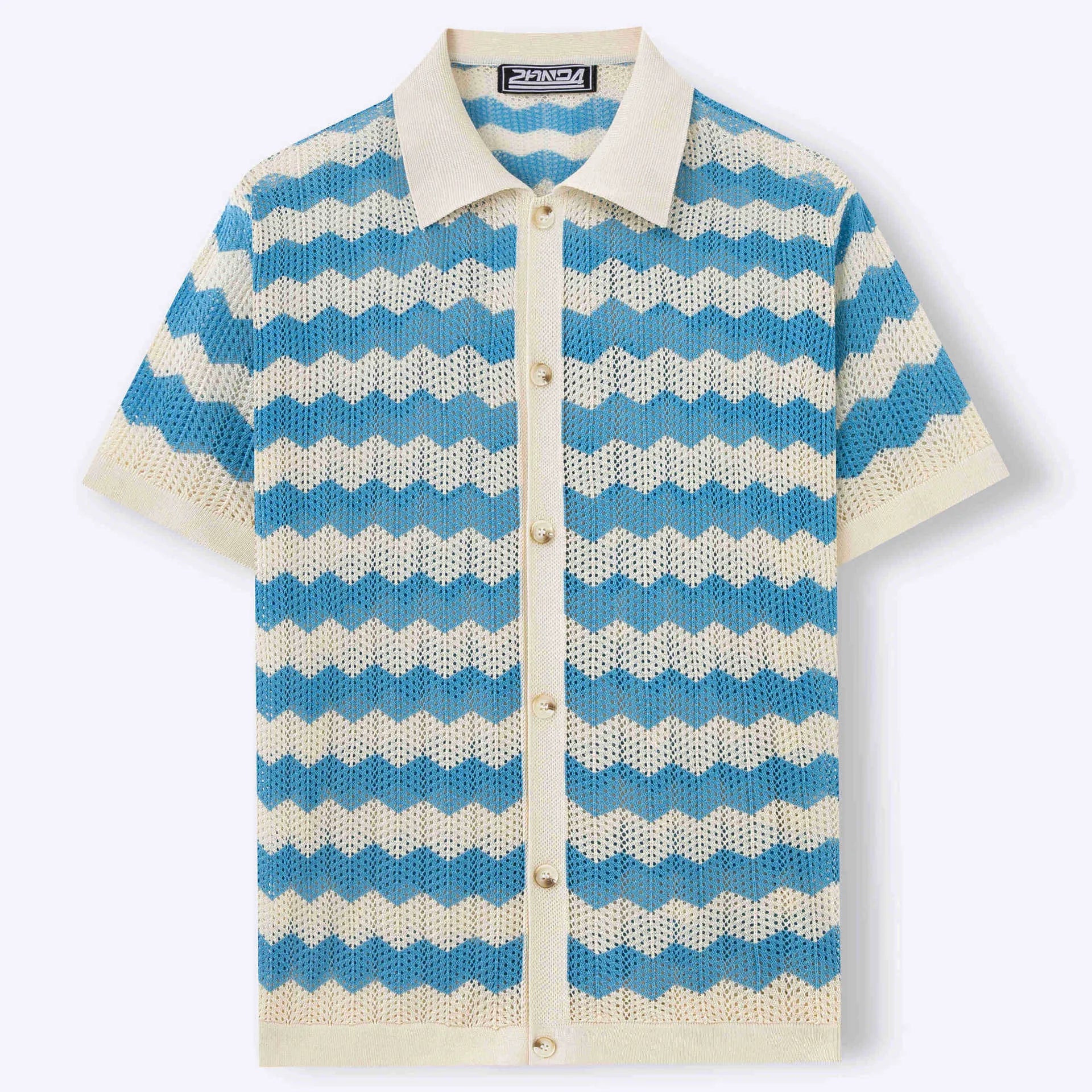 Short sleeve corrugated sweater in Tencel viscose with a textured hollow jacquard and flocked finish.