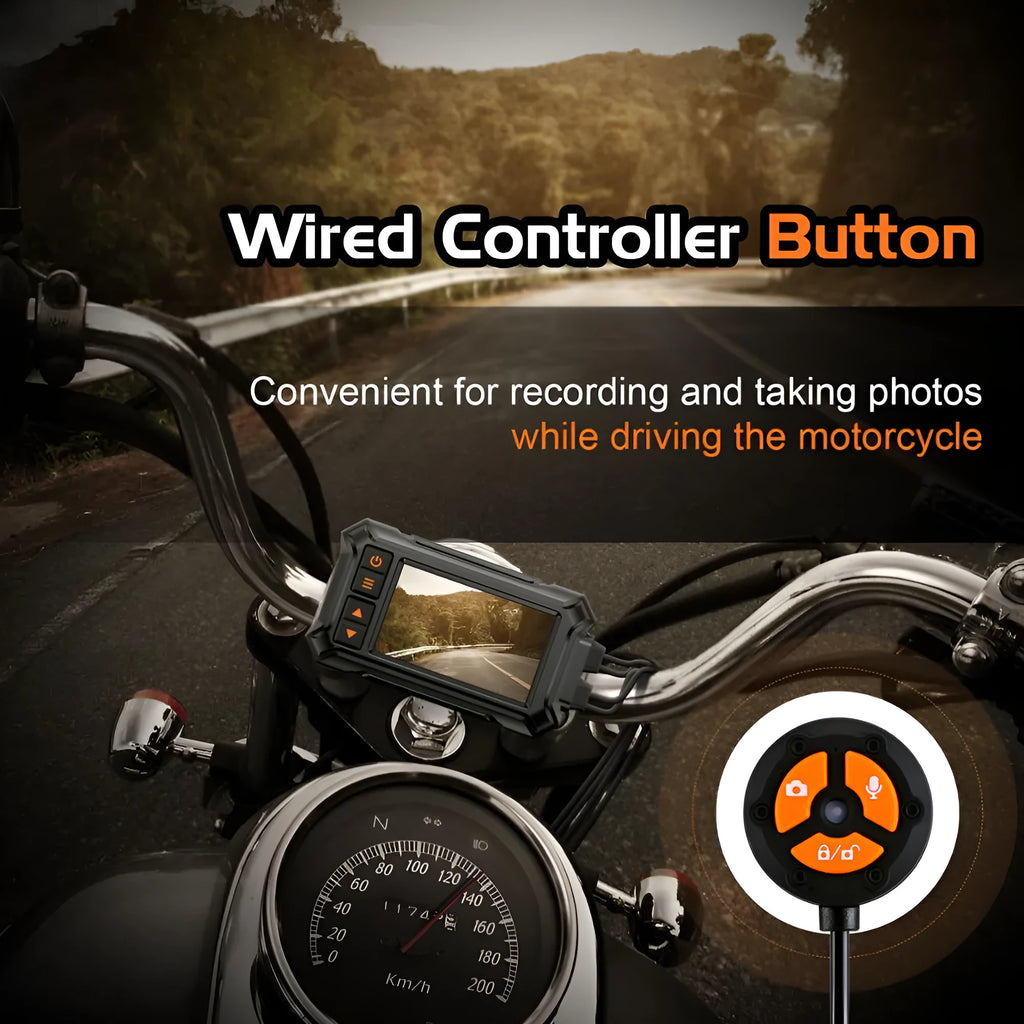 Motorcycle dual lens GPS tachograph dash cam recorder with display, two cameras, and GPS module.