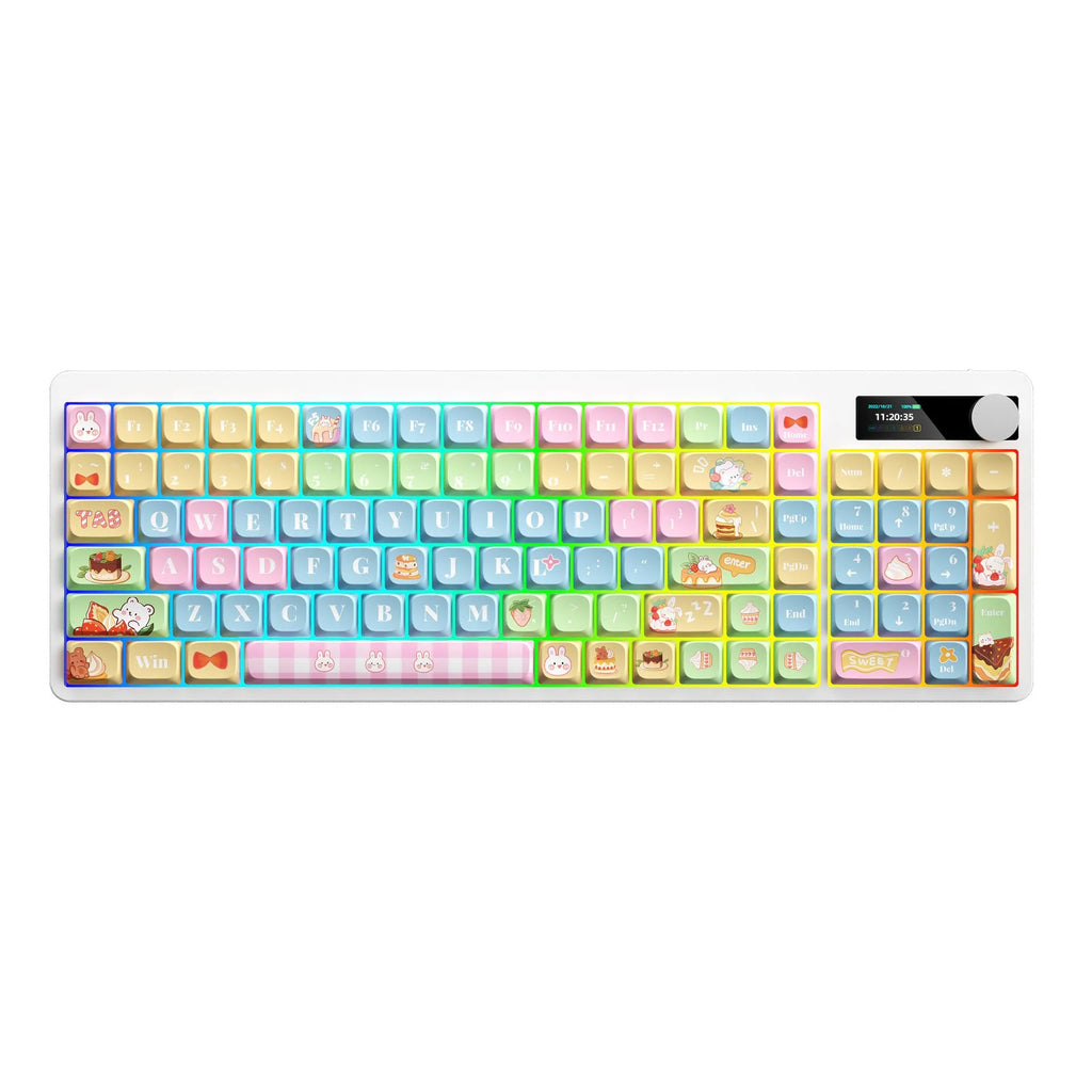 Compact mechanical keyboard with RGB backlight showing three colour options on display