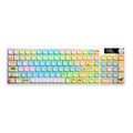 Compact mechanical keyboard with RGB backlight showing three colour options on display