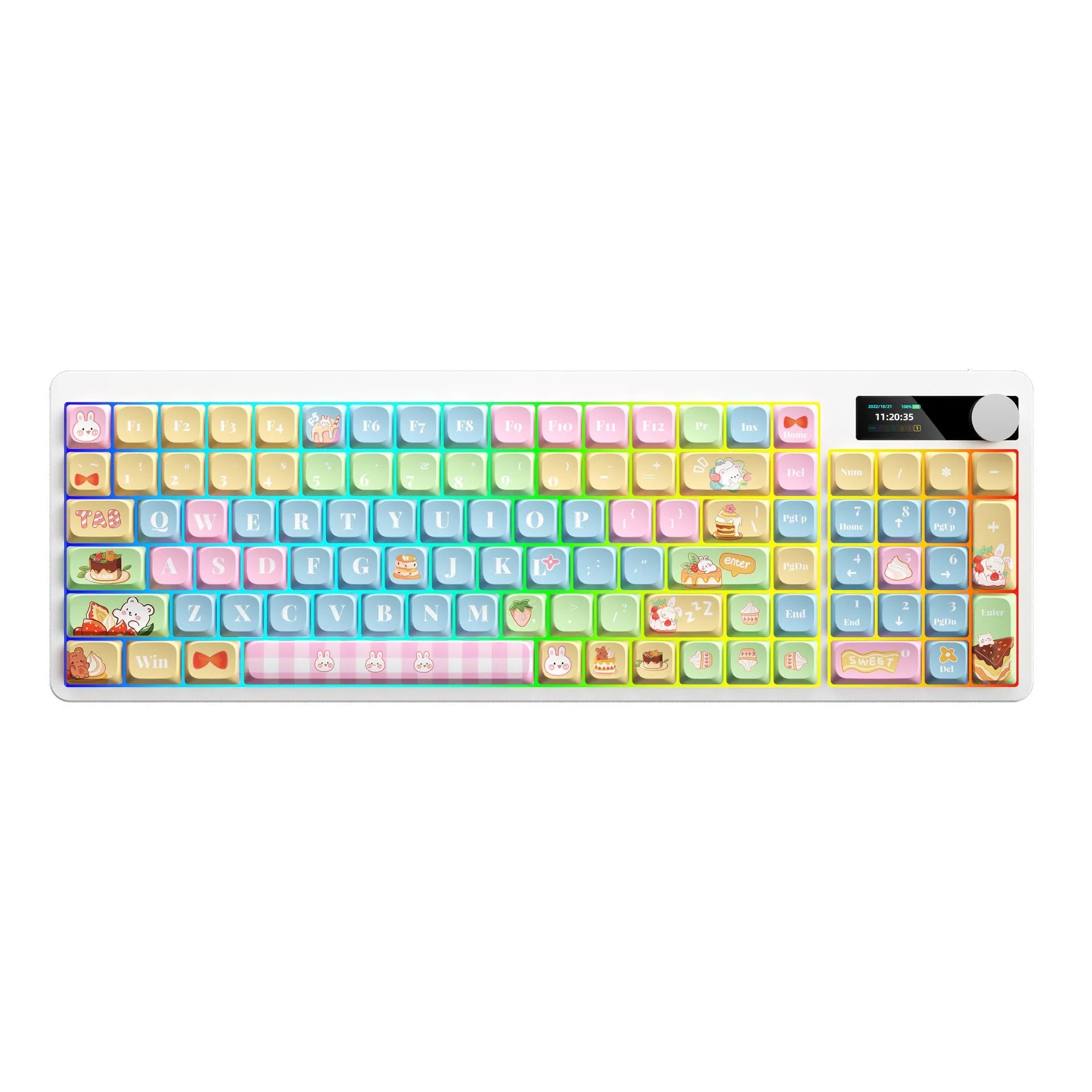 Compact mechanical keyboard with RGB backlight showing three colour options on display
