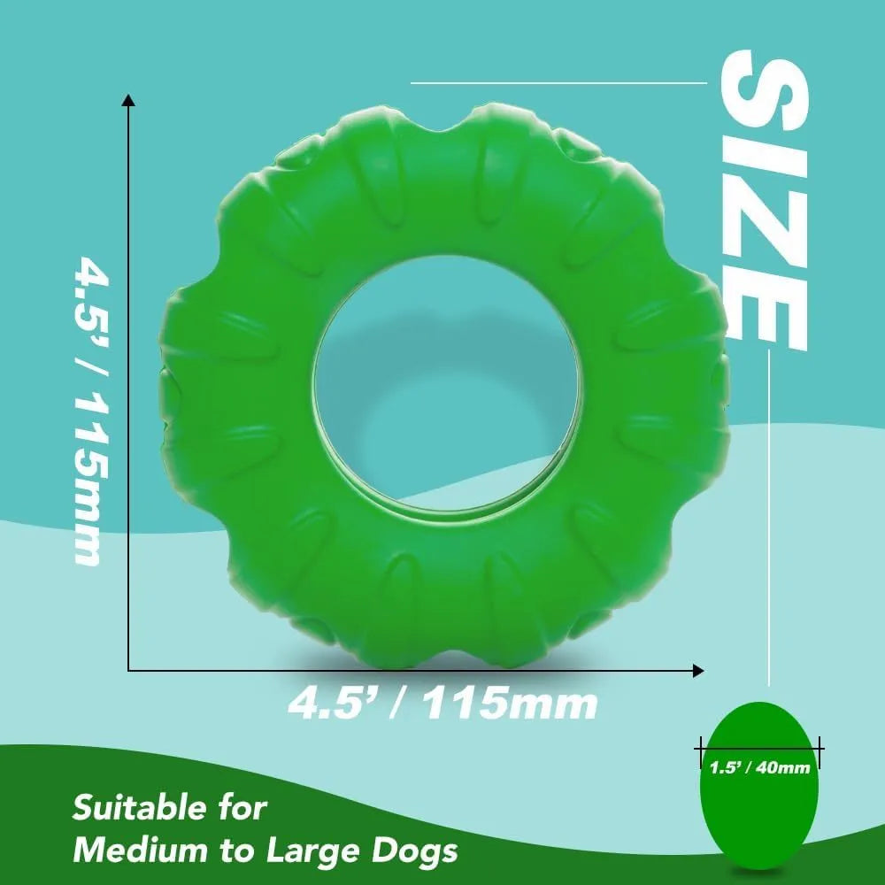 Blue green red tyre-shaped dog chew toy with oval openings for slow feeding