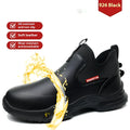 Black waterproof work shoes with high-cut microfiber leather upper and rubber anti-slip soles