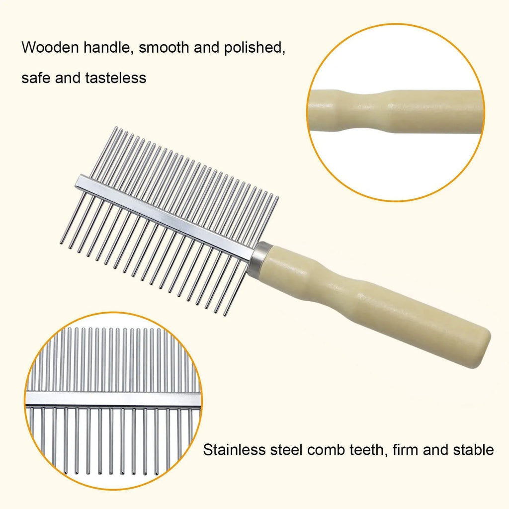 Wooden handle pet grooming comb for dogs and cats with rounded safety teeth.
