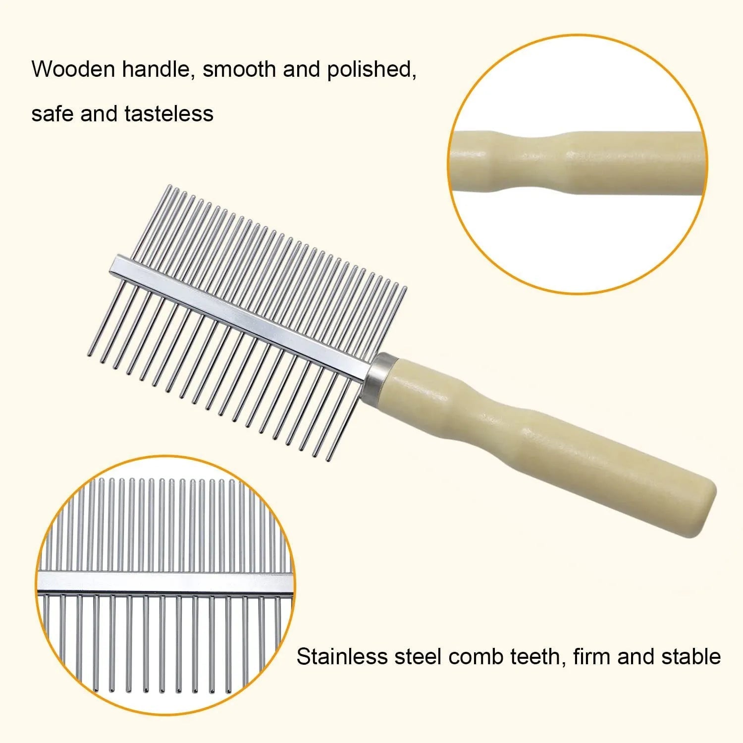 Wooden handle pet grooming comb for dogs and cats with rounded safety teeth.