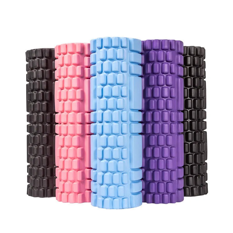 A firm EVA foam roller for fitness and muscle recovery, shown in a selection of colours including pink, blue, and grey.