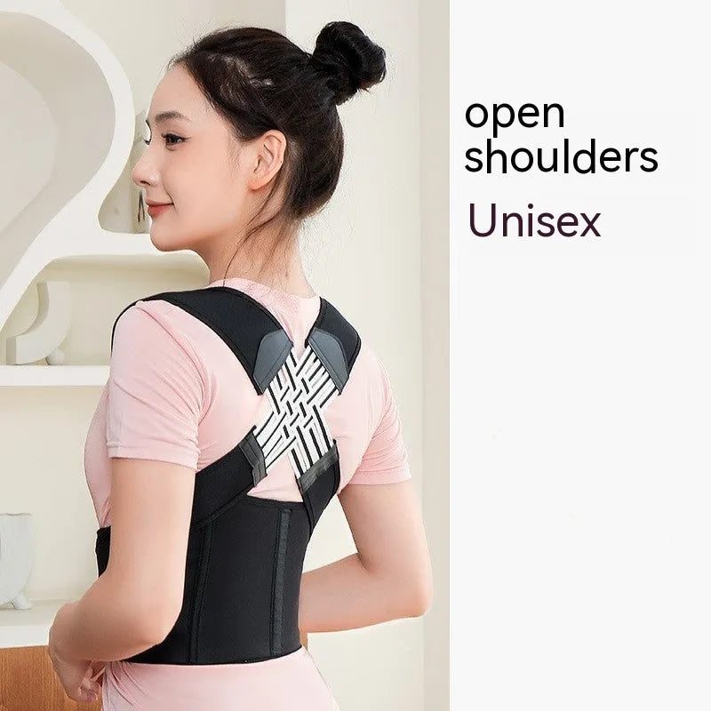Unisex nylon posture corrector in black, sizes S to XXXL, for chest lift and back support.