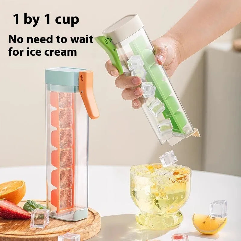 Food-grade plastic ice cube tray with one-touch release and storage box in blue or white.