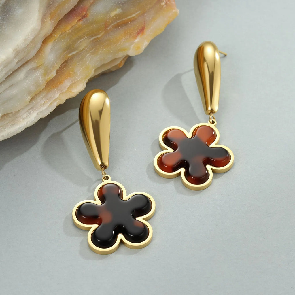 Women's tortoiseshell resin electroplated earrings in heart and flower designs with 18K stainless steel construction