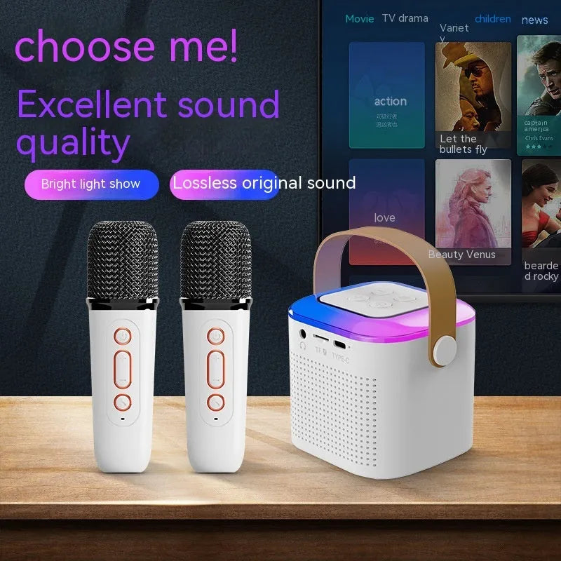 Bluetooth karaoke machine speaker with two wireless microphones and RGB light in pink, white, and blue models