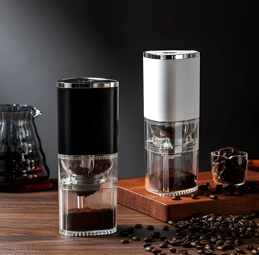 Portable white electric coffee grinder with ceramic burr and USB-C charging port