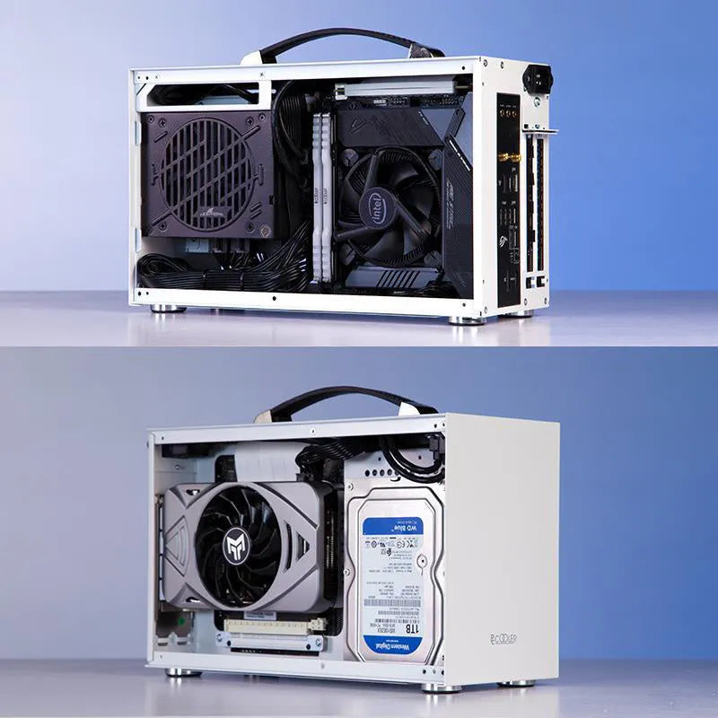 Hummingbird PRO mini ITX desktop computer chassis in titanium grey or white colour.