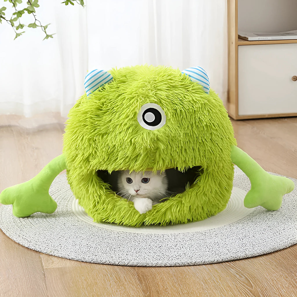 Fluffy round cat bed with plush material and non-slip bottom in three size options