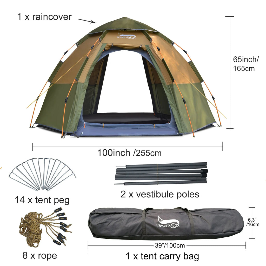 Khaki fully automatic hexagonal camping tent set up outdoors with two doors and dome shape, for 5-8 people