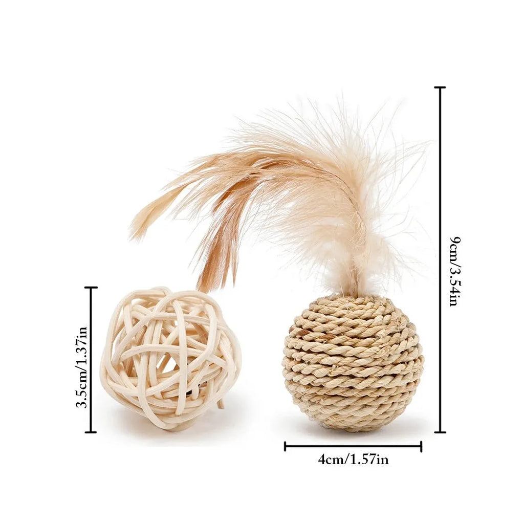 Two cat toys: a rattan ball and a faux feather ball with bell for interactive feline play