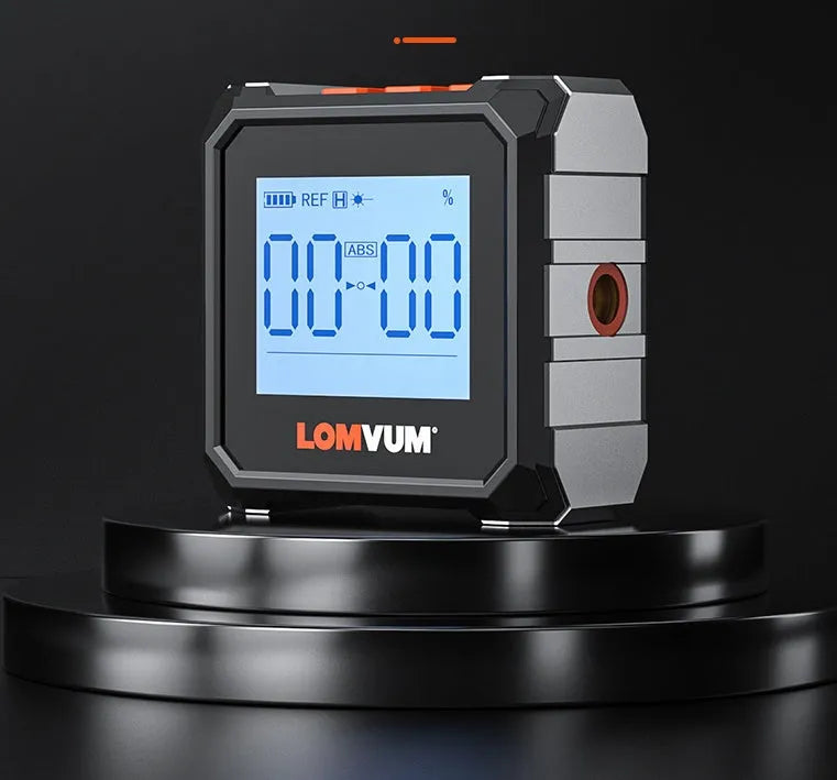 Digital inclinometer with backlit display and alloy casing on a metal surface, showing magnetic attachment.
