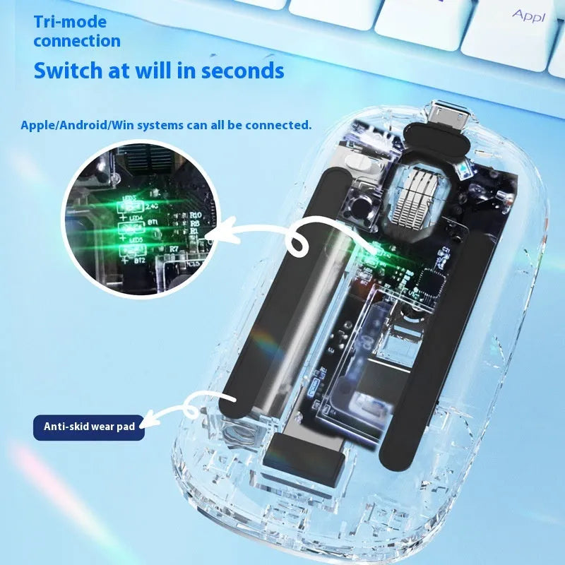 Self-charging Bluetooth mouse in silver with three-mode connection for tablet and laptop use