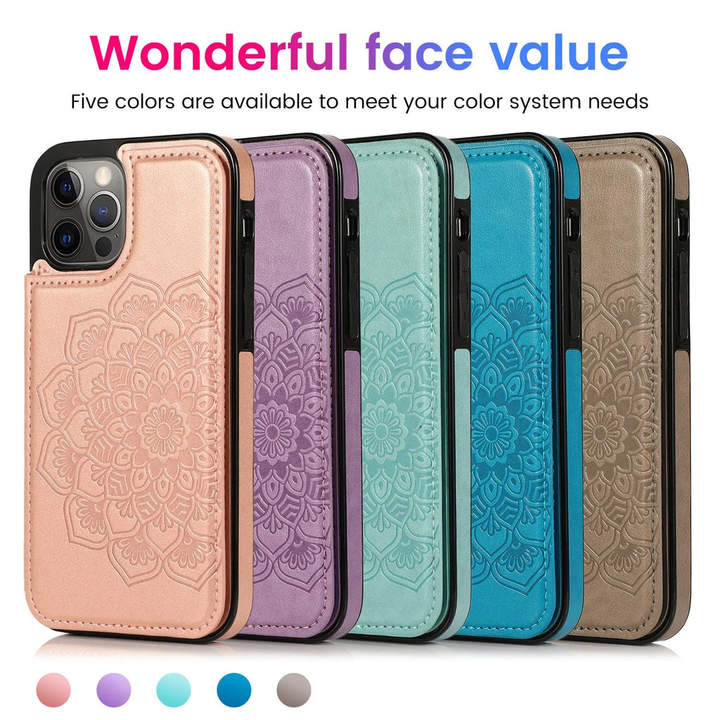 Purple flip PU leather phone case with embossed mandala pattern and card holder slot open on a white background