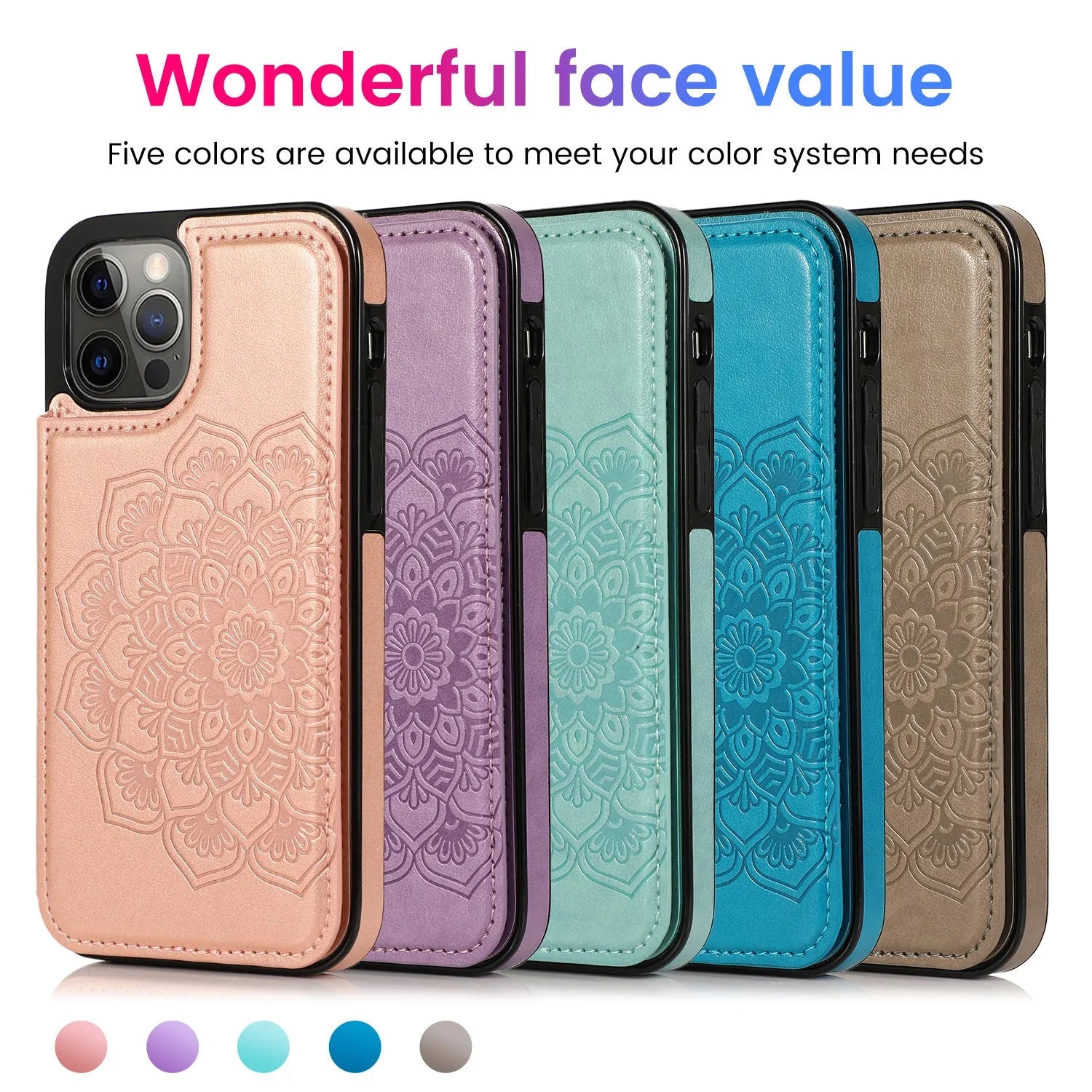 Purple flip PU leather phone case with embossed mandala pattern and card holder slot open on a white background