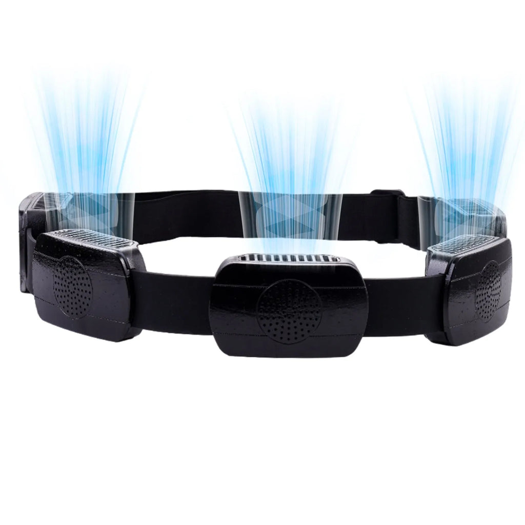 Black outdoor portable USB ring waist fan with five fans on a belt and 1.5m boost cable