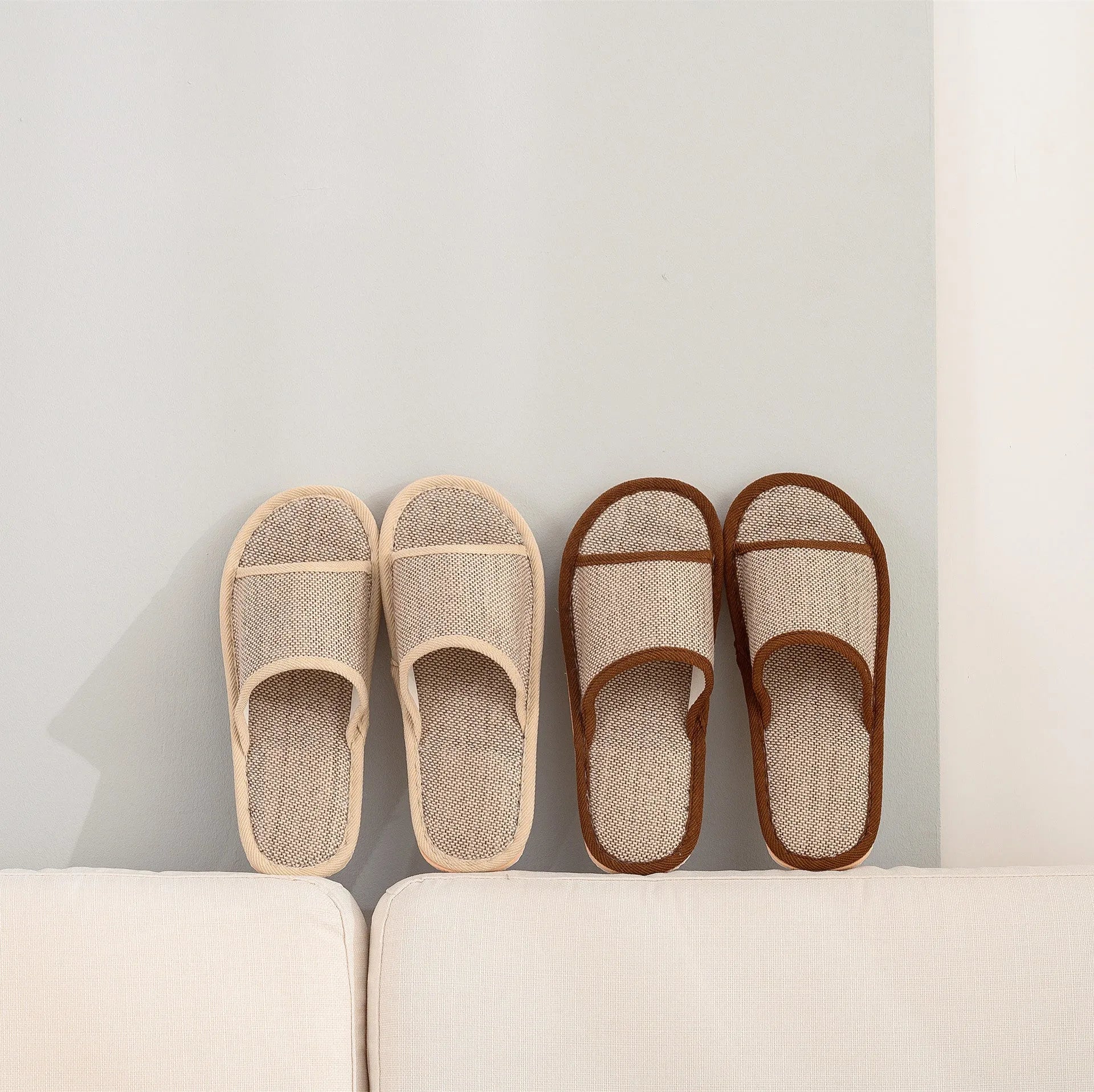 Women's open toe linen slippers in light brown, showing thickened sole and breathable design.