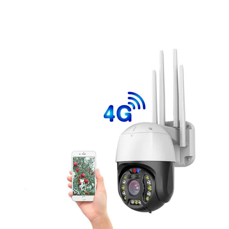Outdoor dome security camera with 360-degree rotation on a wall mount.