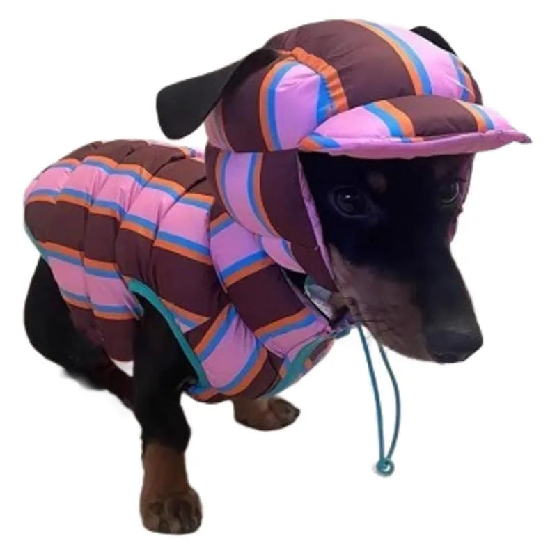 Dirty pink striped polyester dog vest and matching hat set for small to medium dogs.