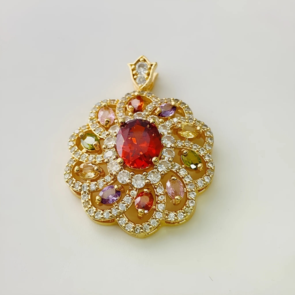 Close-up of a women's flower-shaped zircon pendant necklace in a gold electroplated finish.