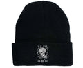 Women's knitted winter hat in white with printed flower pattern, flat top crown, and curling brim