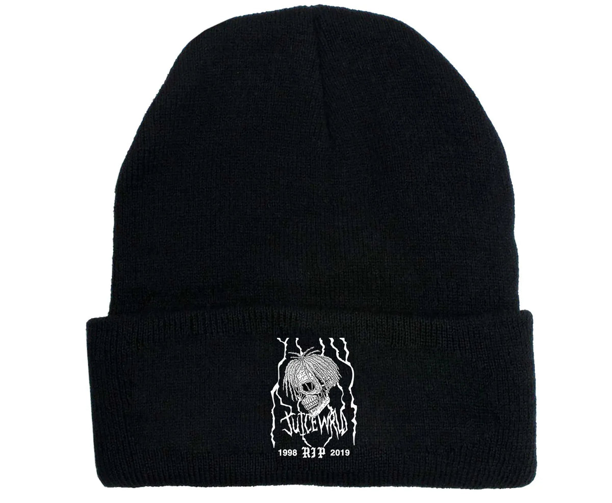 Women's knitted winter hat in white with printed flower pattern, flat top crown, and curling brim