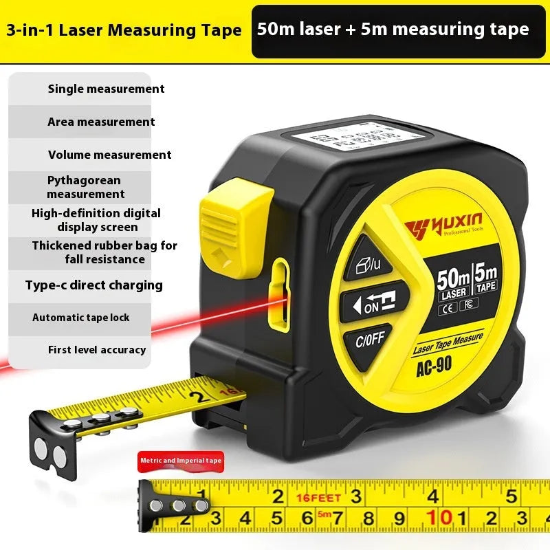 Three-in-one laser tape measure with 50m range, ABS TPR body, and rechargeable lithium battery