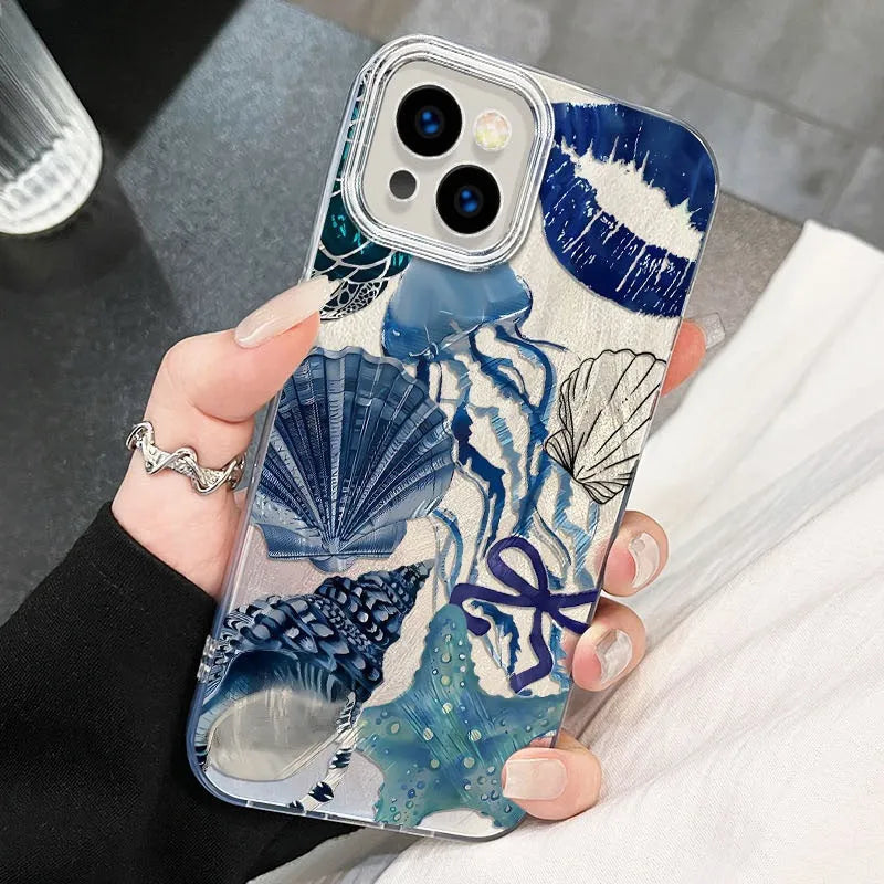 Coral shell large hole feather yarn TPU phone case for Apple iPhone in blue Star River yinshanhu colour
