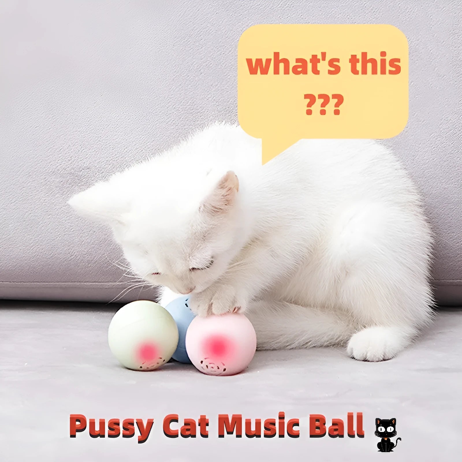 Self-hi pussy cat music ball with sounds and biteable texture in blue, green, and pink 46 mm