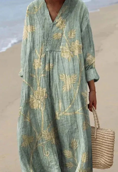 Casual long-sleeve shirt dress with a 3D printed floral pattern and a long skirt.