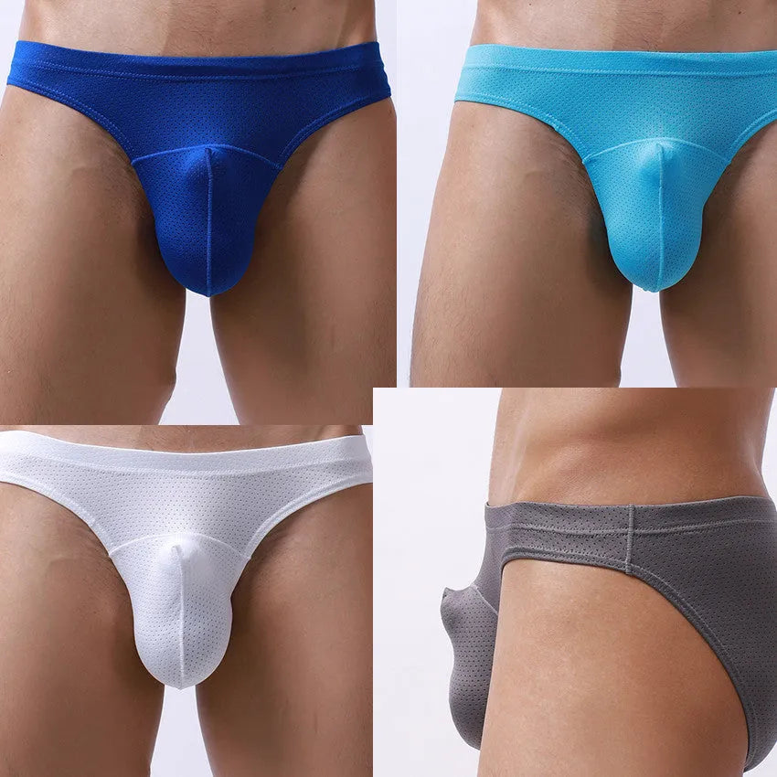 Men's transparent nylon loose fit underwear in multiple colours on a size chart.