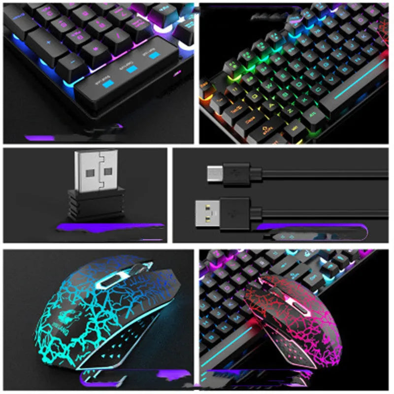 T3 wireless charging keyboard and mouse set with backlit rainbow keys on a desk